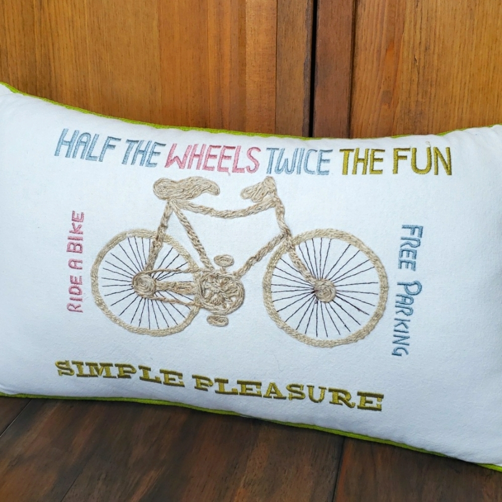 World Market Retro Embroidered Jute Bicycle Lumbar Pillow